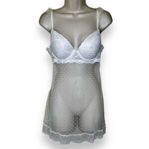 NWOT Jessica Simpson Stretch Mesh Dot Babydoll Cream Floral Lace Women Large